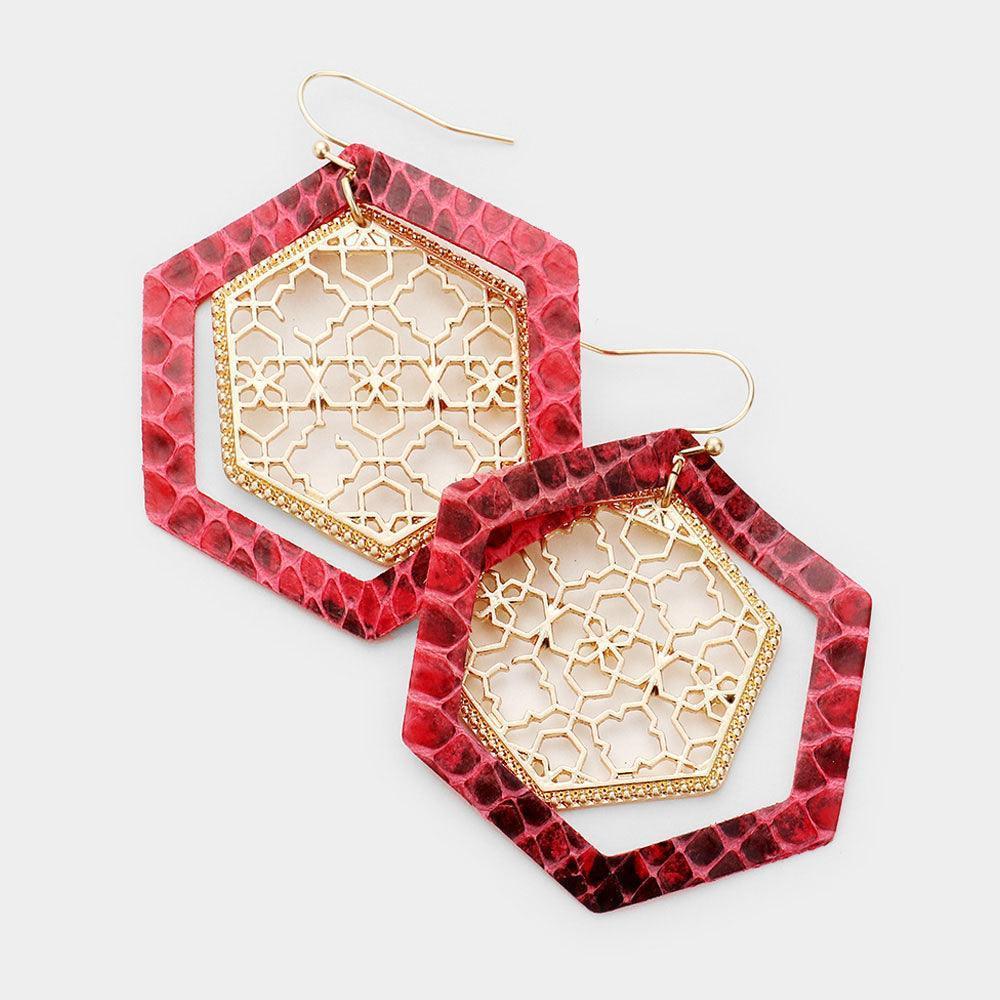 Red Faux Leather Moroccan Filigree Dangle Earrings - Jewelry Store by Erik Rayo