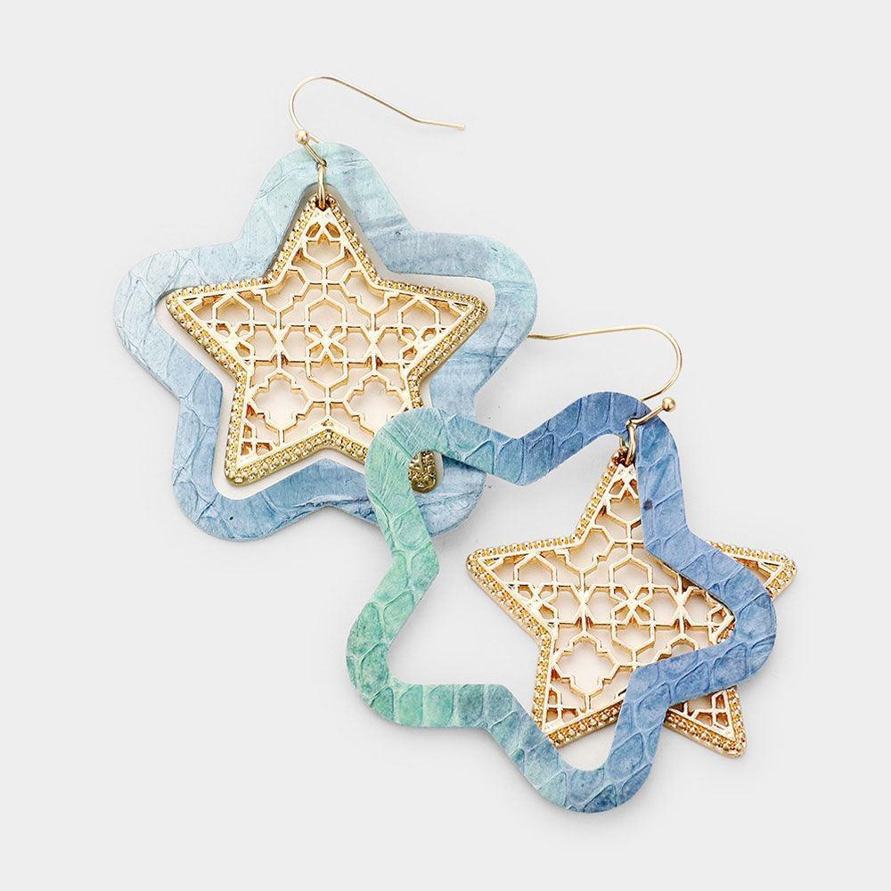 Gold Faux Leather Moroccan Filigree Star Dangle Earrings - Jewelry Store by Erik Rayo