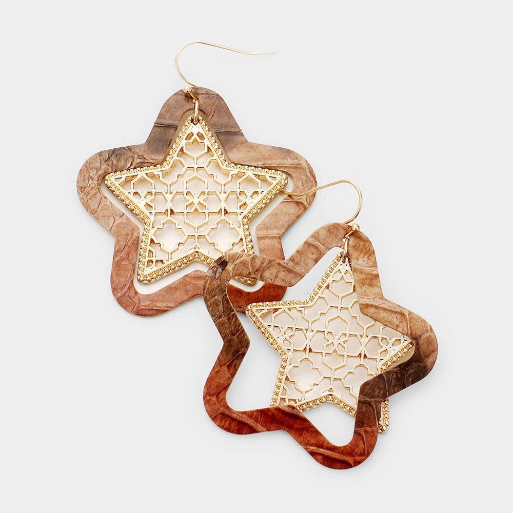 Gold Faux Leather Moroccan Filigree Star Dangle Earrings - Jewelry Store by Erik Rayo