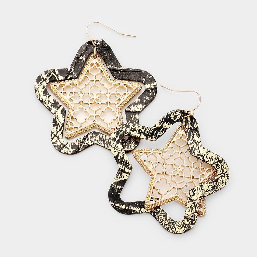 Gold Faux Leather Moroccan Filigree Star Dangle Earrings - Jewelry Store by Erik Rayo