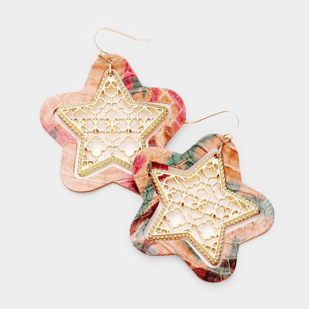 Gold Faux Leather Moroccan Filigree Star Dangle Earrings - Jewelry Store by Erik Rayo