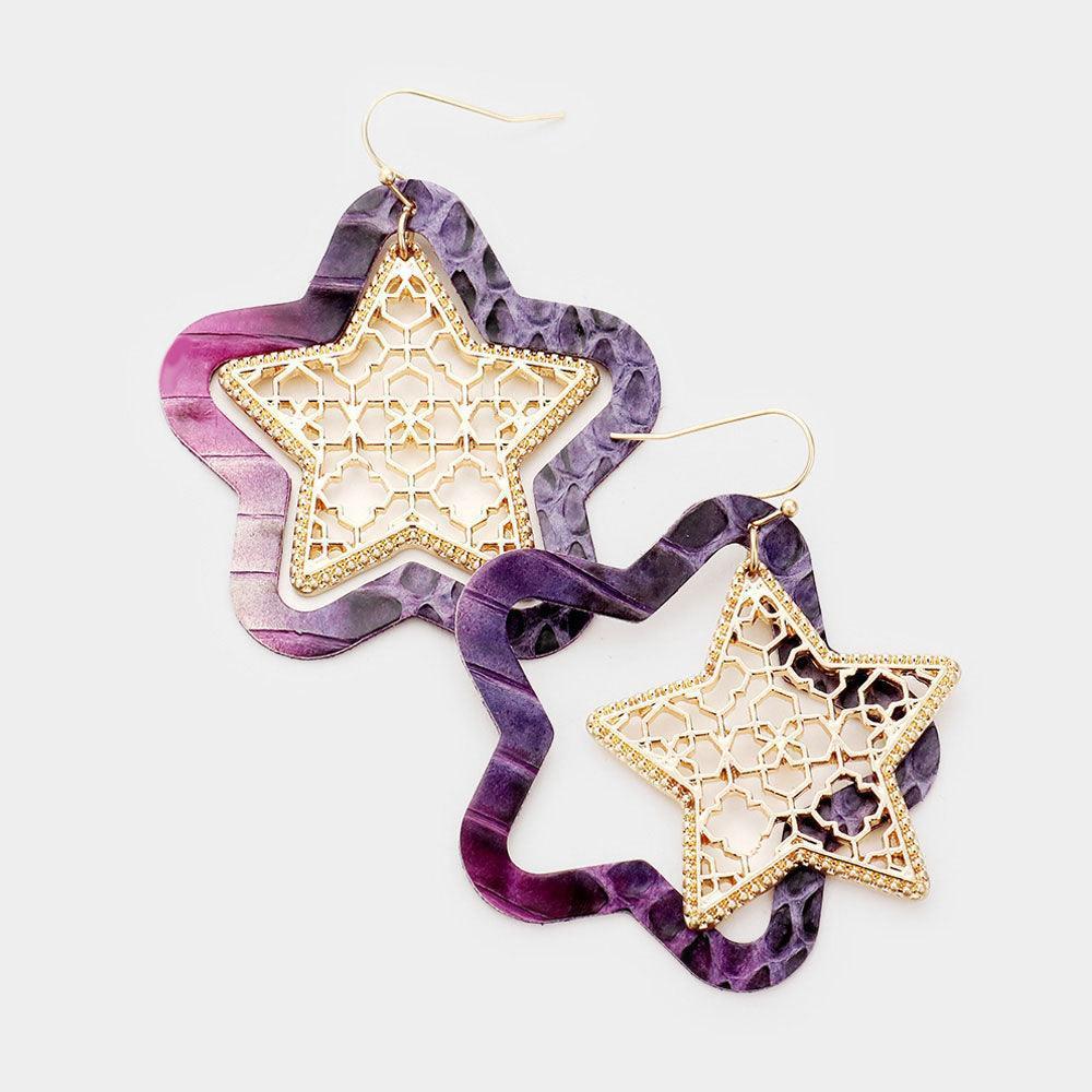 Purple Faux Leather Moroccan Filigree Star Dangle Earrings - Jewelry Store by Erik Rayo