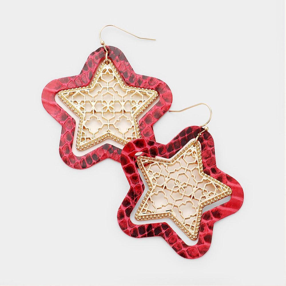 Red Faux Leather Moroccan Filigree Star Dangle Earrings - Jewelry Store by Erik Rayo