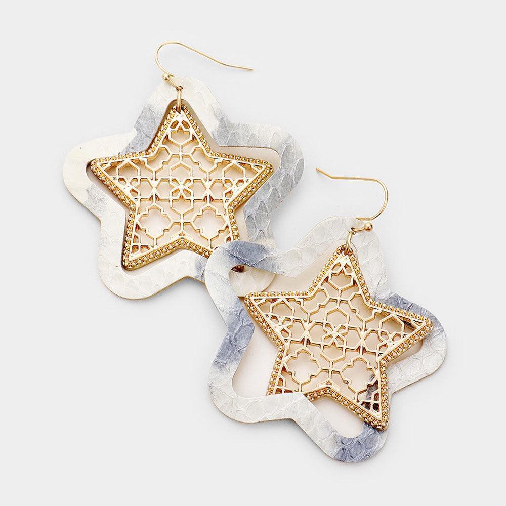 White Faux Leather Moroccan Filigree Star Dangle Earrings - Jewelry Store by Erik Rayo