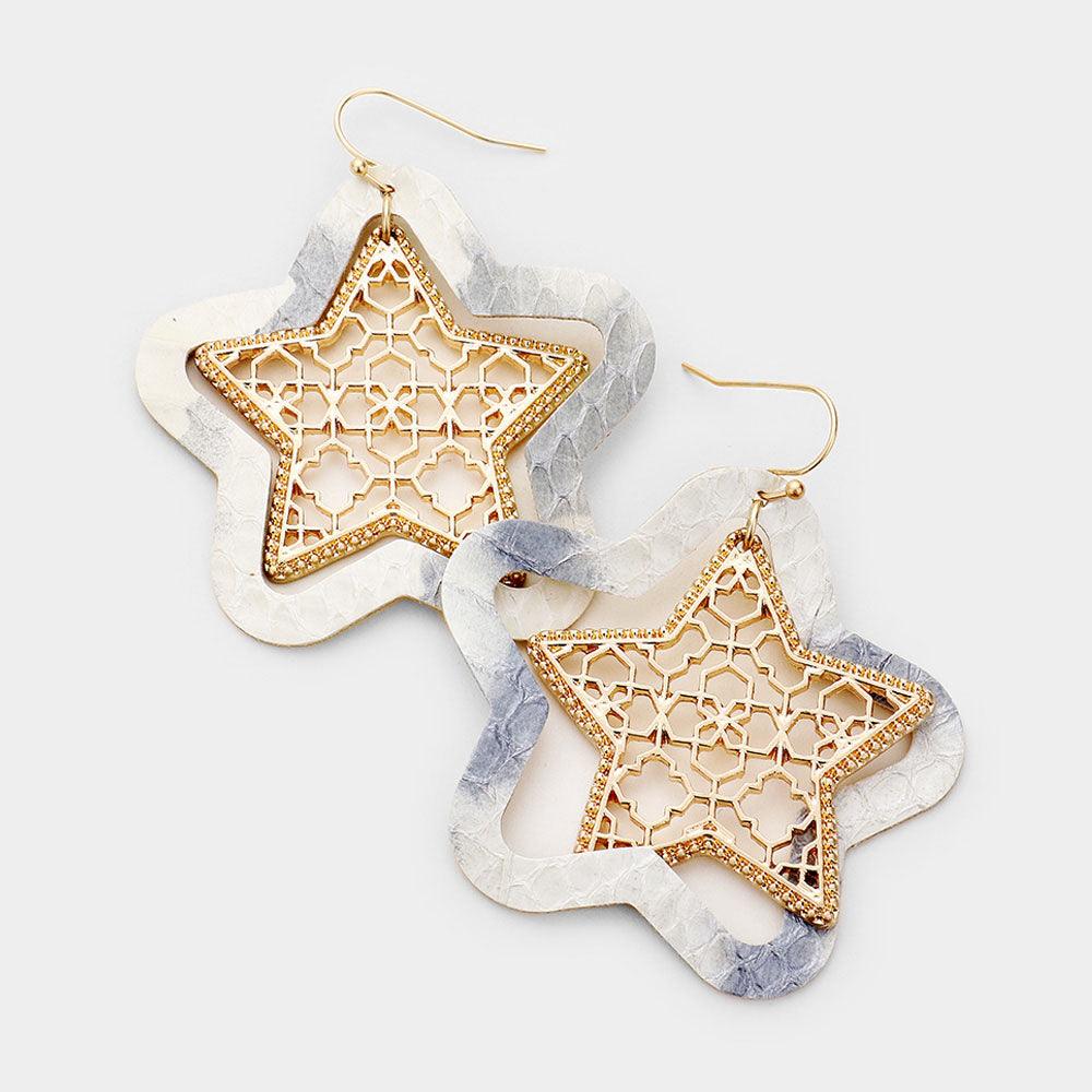 White Faux Leather Moroccan Filigree Star Dangle Earrings