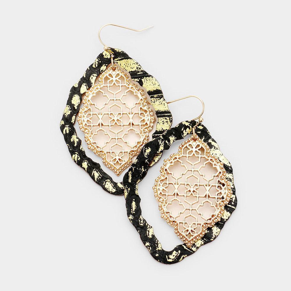 Gold Faux Leather Moroccan Filigree Dangle Earrings - Jewelry Store by Erik Rayo