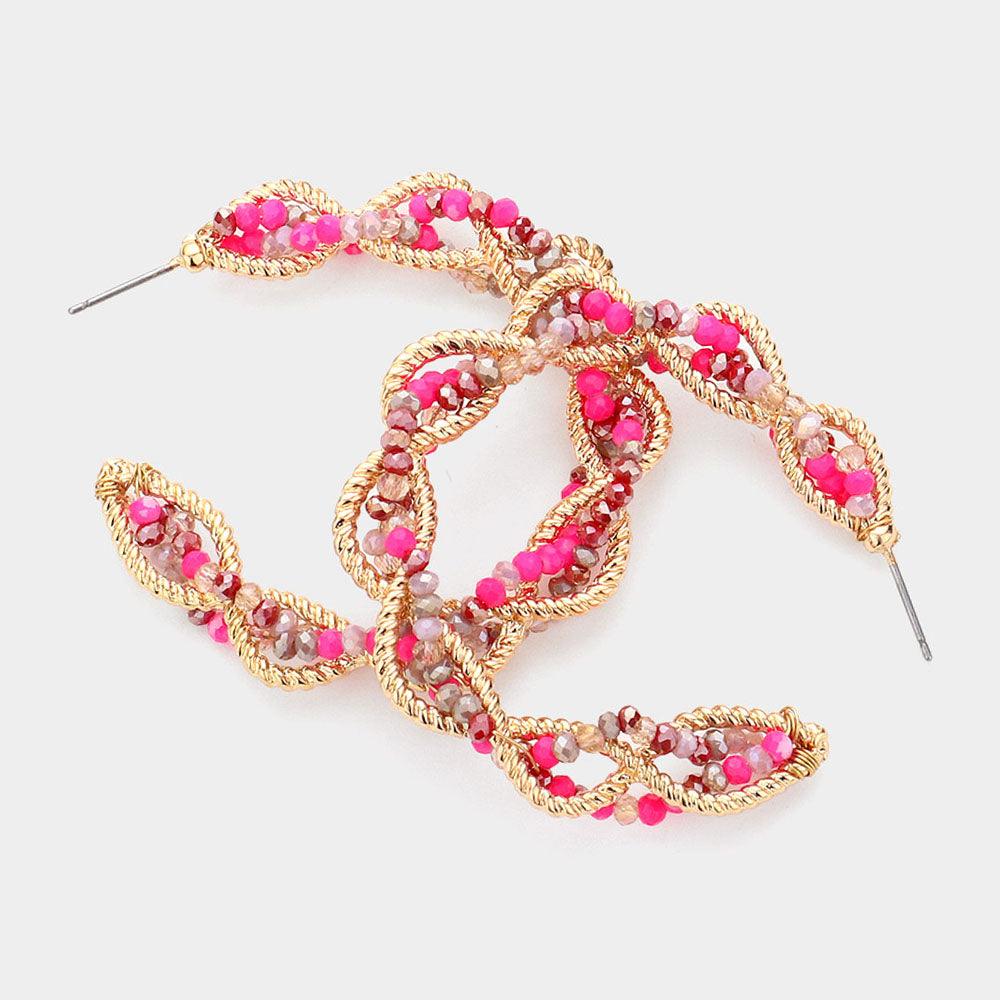 Pink Faceted Beaded Twisted Hoop Earrings