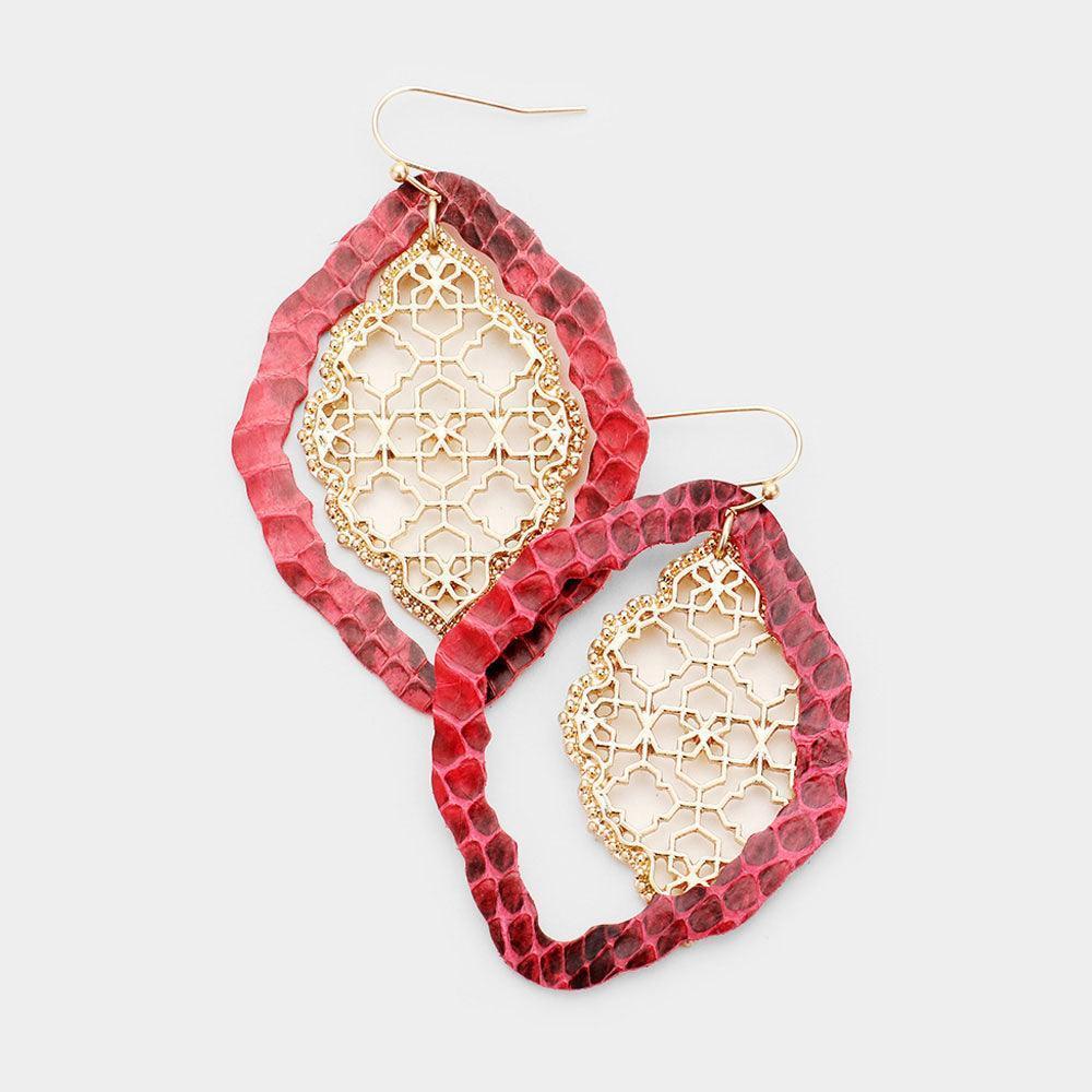 Red Faux Leather Moroccan Filigree Dangle Earrings - Jewelry Store by Erik Rayo