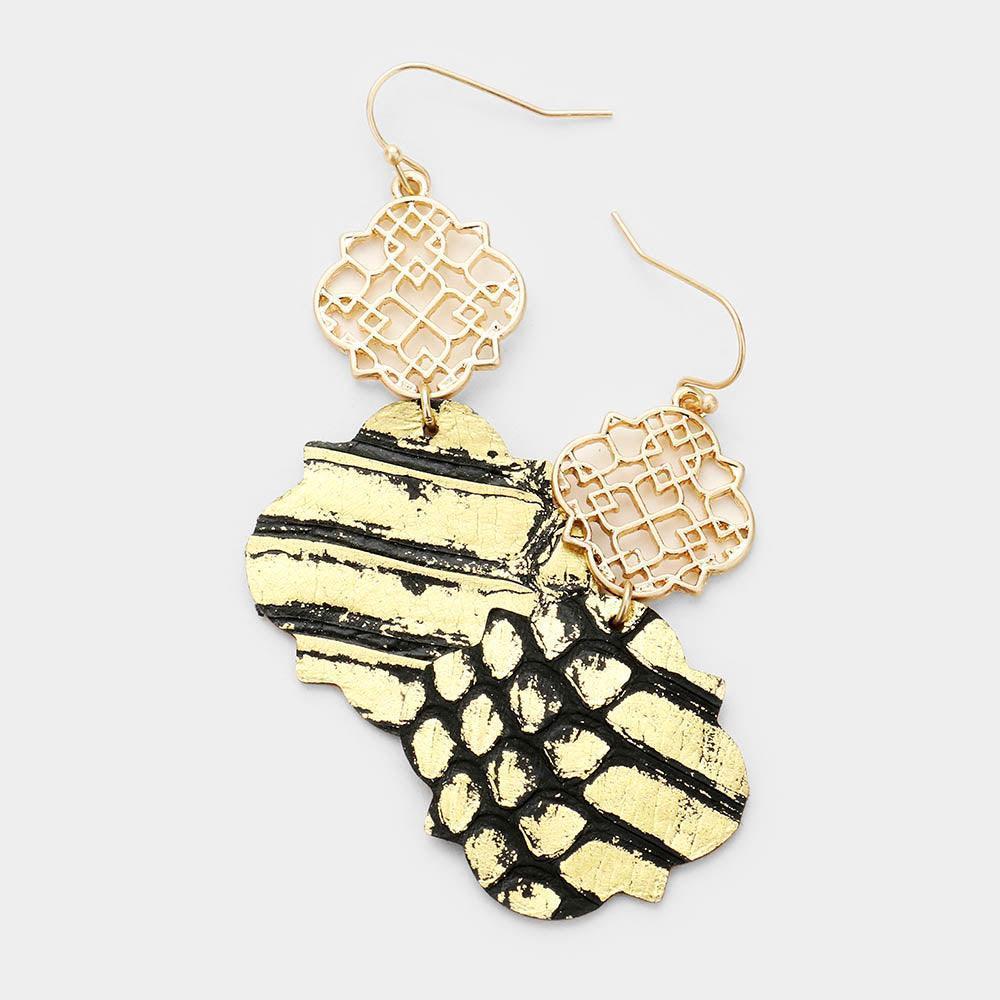 Gold Faux Leather Moroccan Filigree Dangle Earrings - Jewelry Store by Erik Rayo