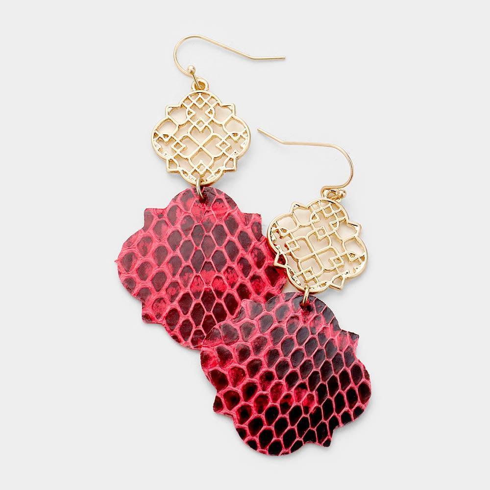 Red Faux Leather Moroccan Filigree Dangle Earrings - Jewelry Store by Erik Rayo