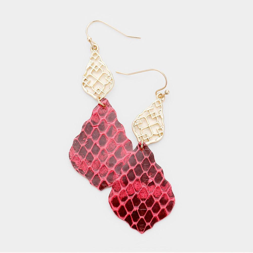 Red Faux Leather Moroccan Filigree Dangle Earrings - Jewelry Store by Erik Rayo