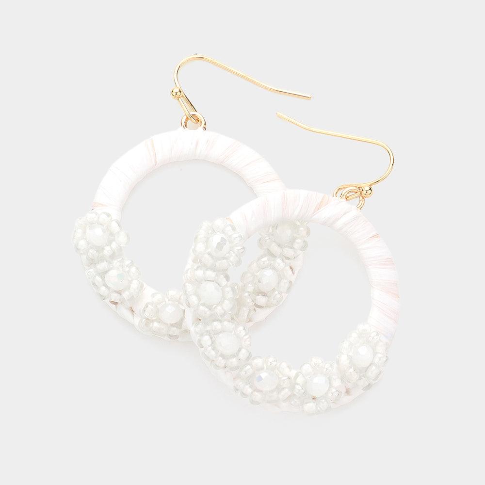 White Faceted Beaded Flower Raffia Wrapped Circle Dangle Earrings