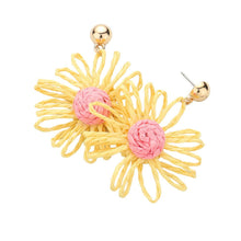 Load image into Gallery viewer, Yellow Raffia Wrapped Flower Dangle Earrings
