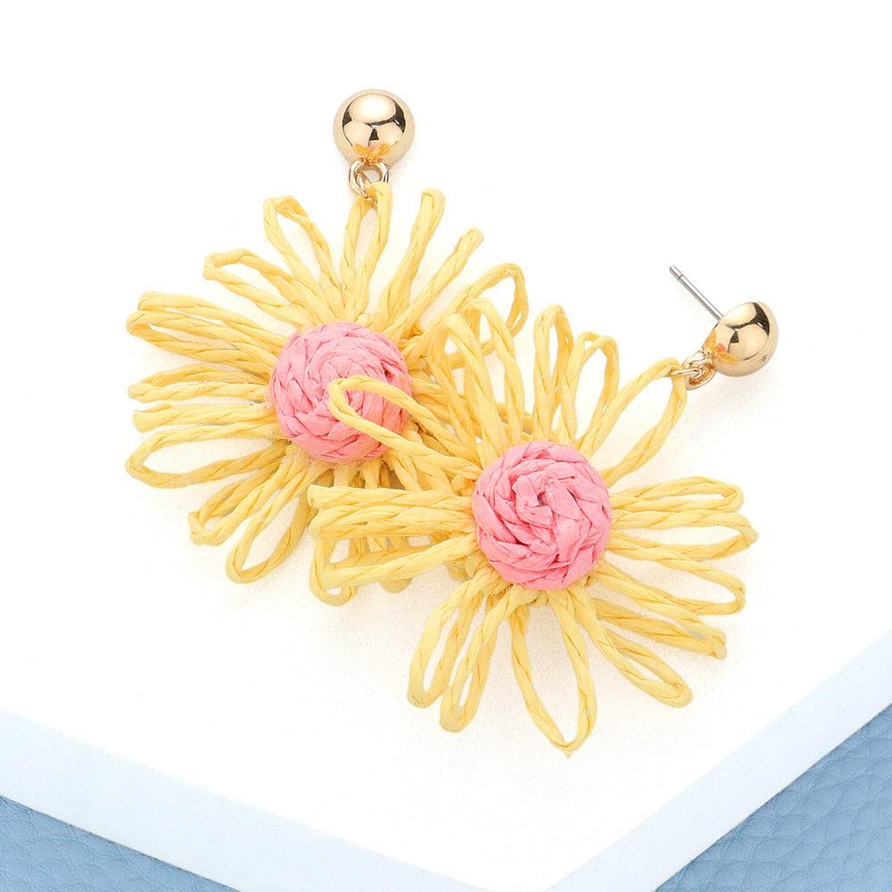 Yellow Raffia Wrapped Flower Dangle Earrings