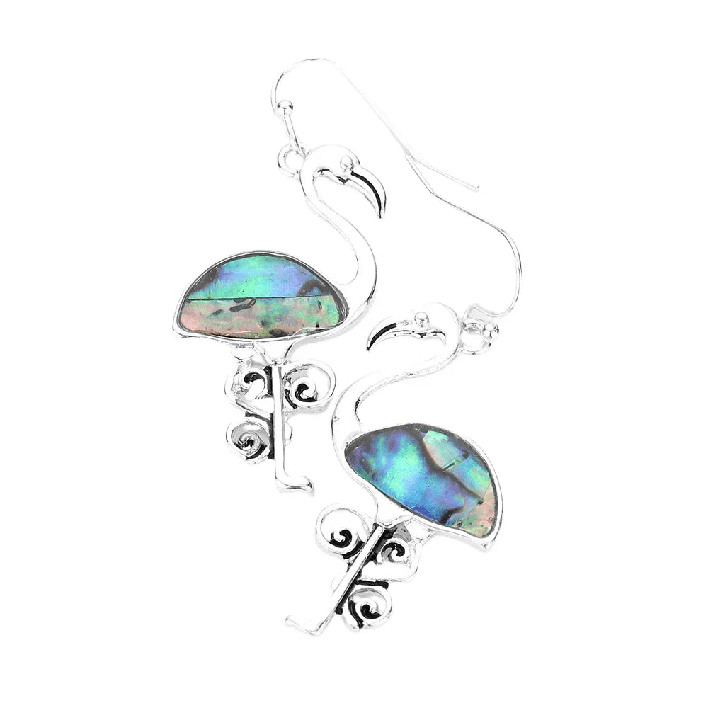 Abalone Accented Antique Metal Flamingo Dangle Earrings - Jewelry Store by Erik Rayo