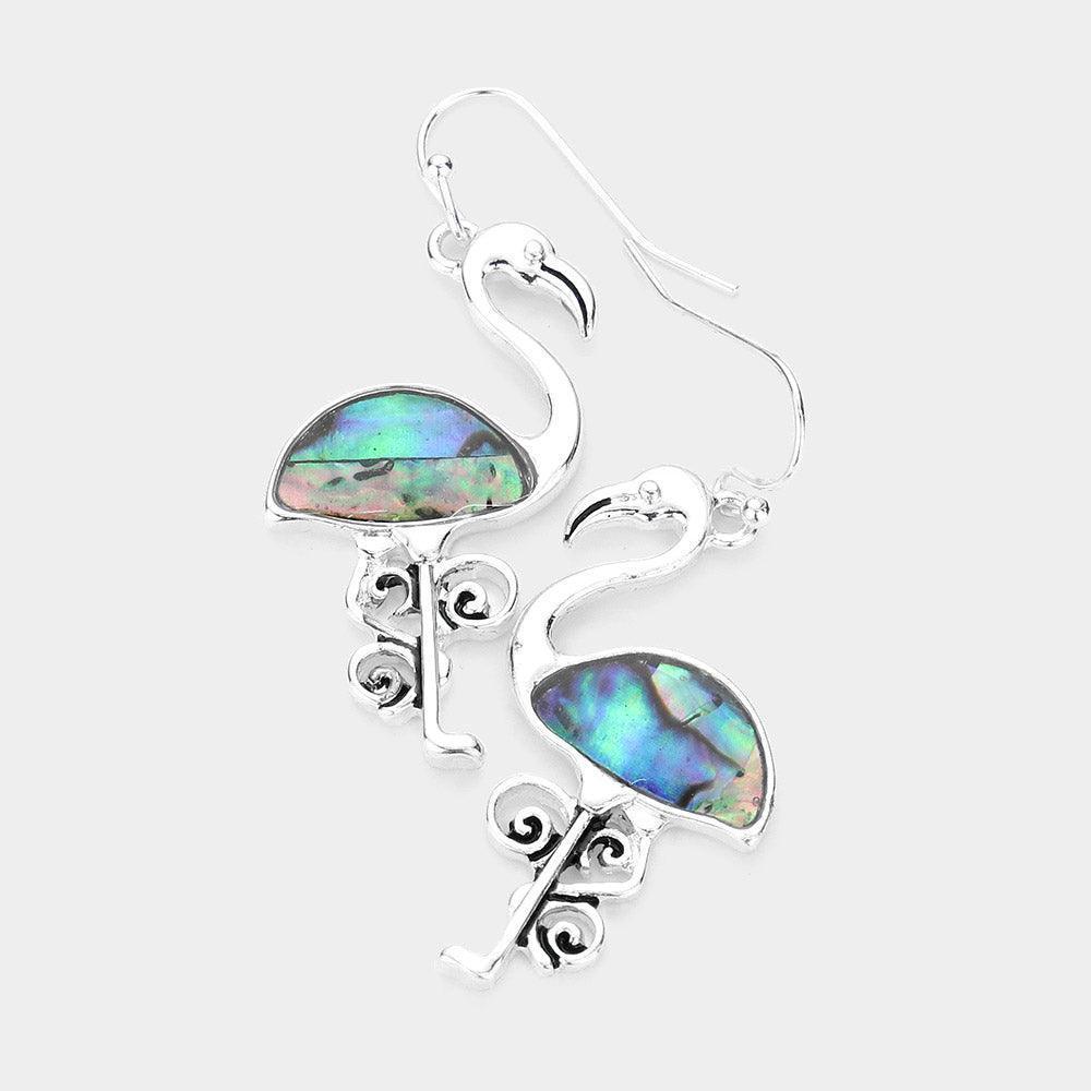 Abalone Accented Antique Metal Flamingo Dangle Earrings - Jewelry Store by Erik Rayo