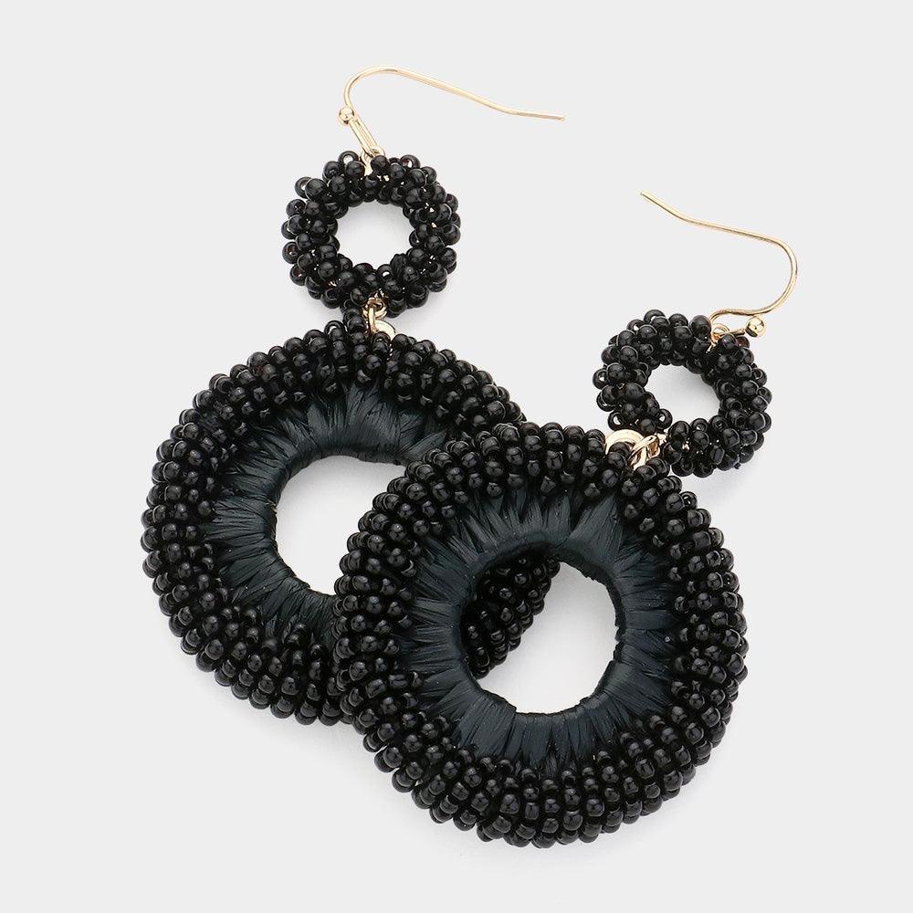 Black Seed Beaded Raffia Wrapped Open O Link Dangle Earrings - Jewelry Store by Erik Rayo