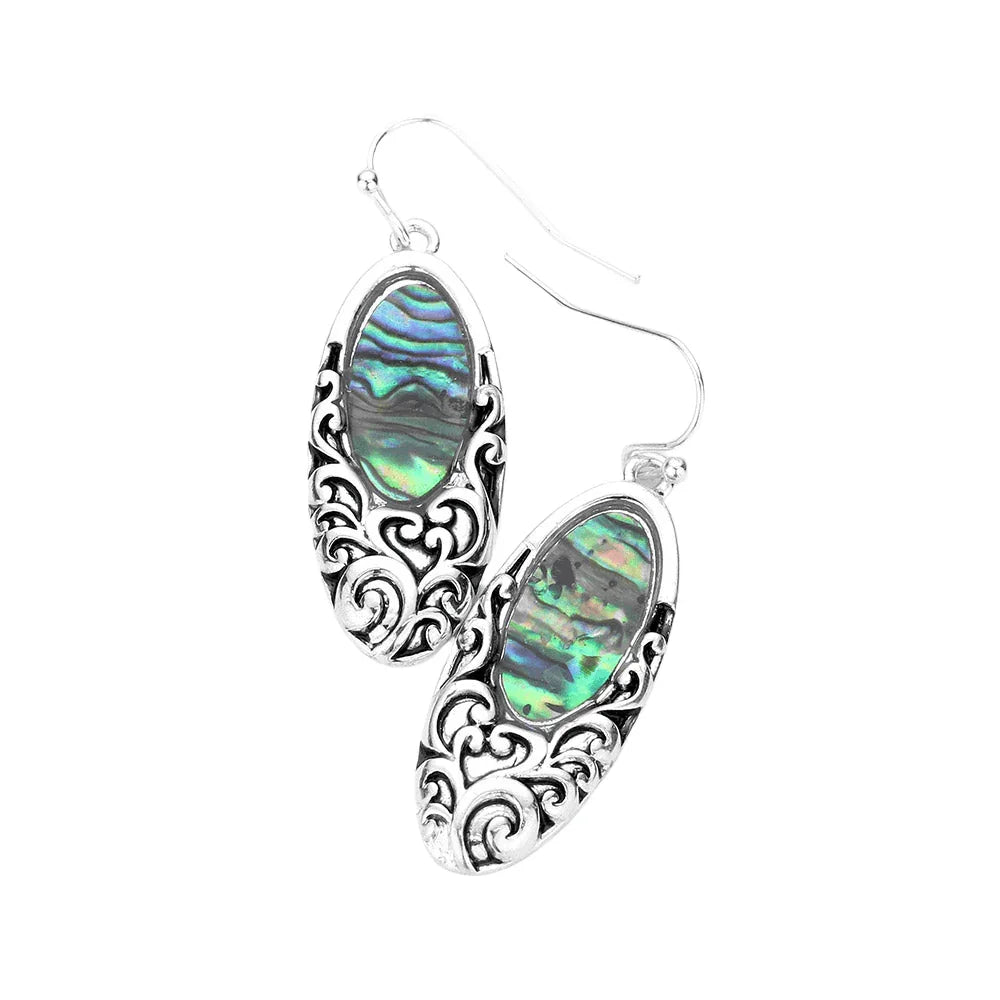 Abalone Accented Embossed Metal Oval Dangle Earrings - Jewelry Store by Erik Rayo