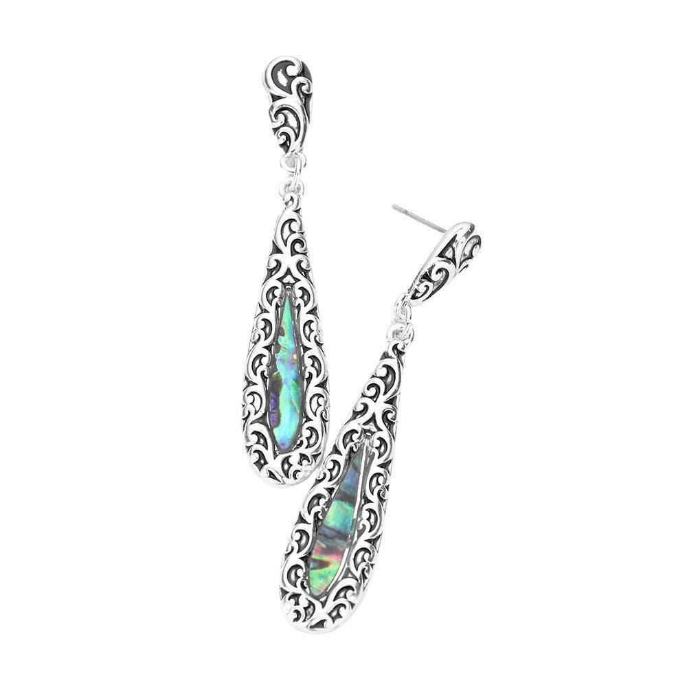 Abalone Centered Embossed Metal Teardrop Dangle Earrings - Jewelry Store by Erik Rayo