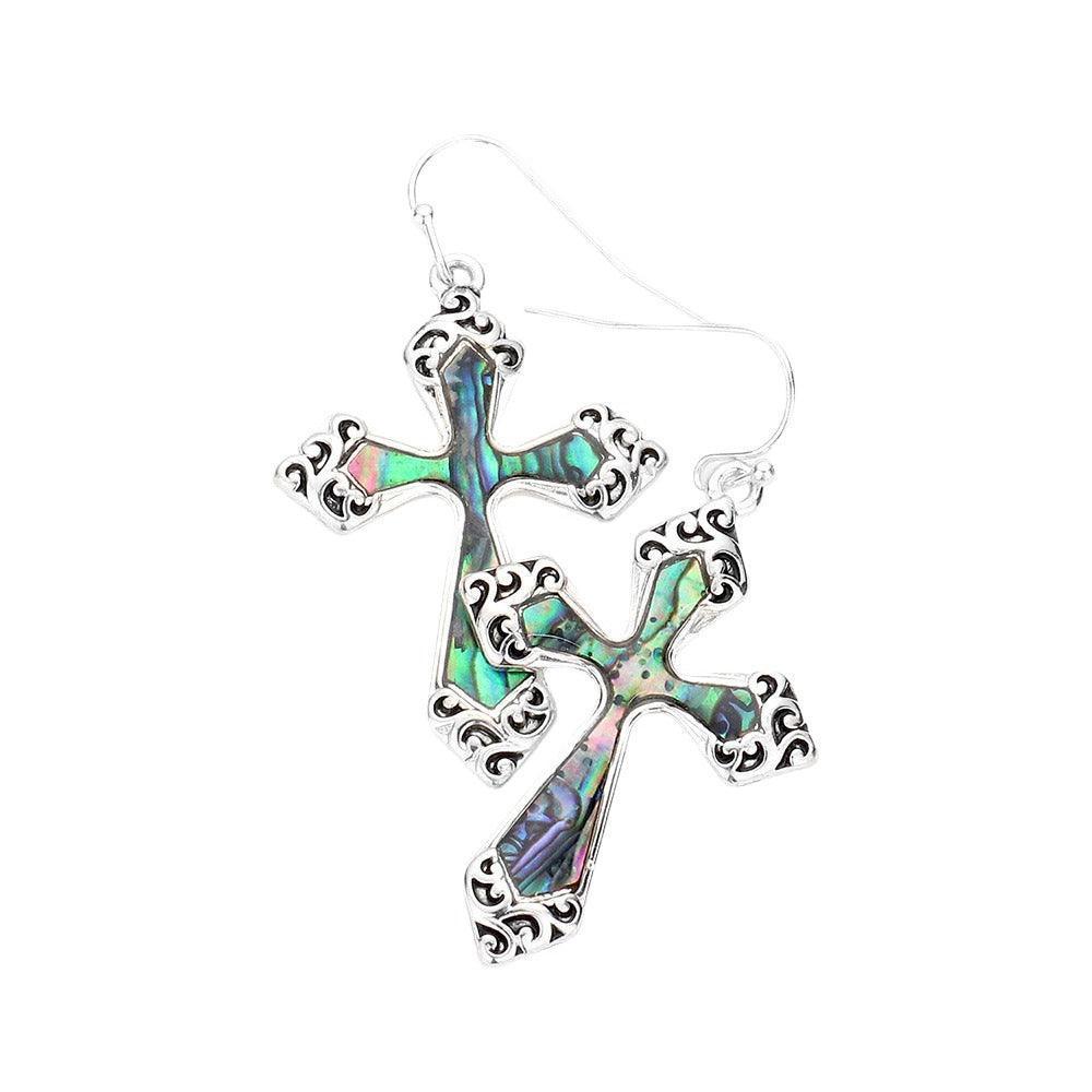Abalone Accented Antique Metal Cross Dangle Earrings - Jewelry Store by Erik Rayo