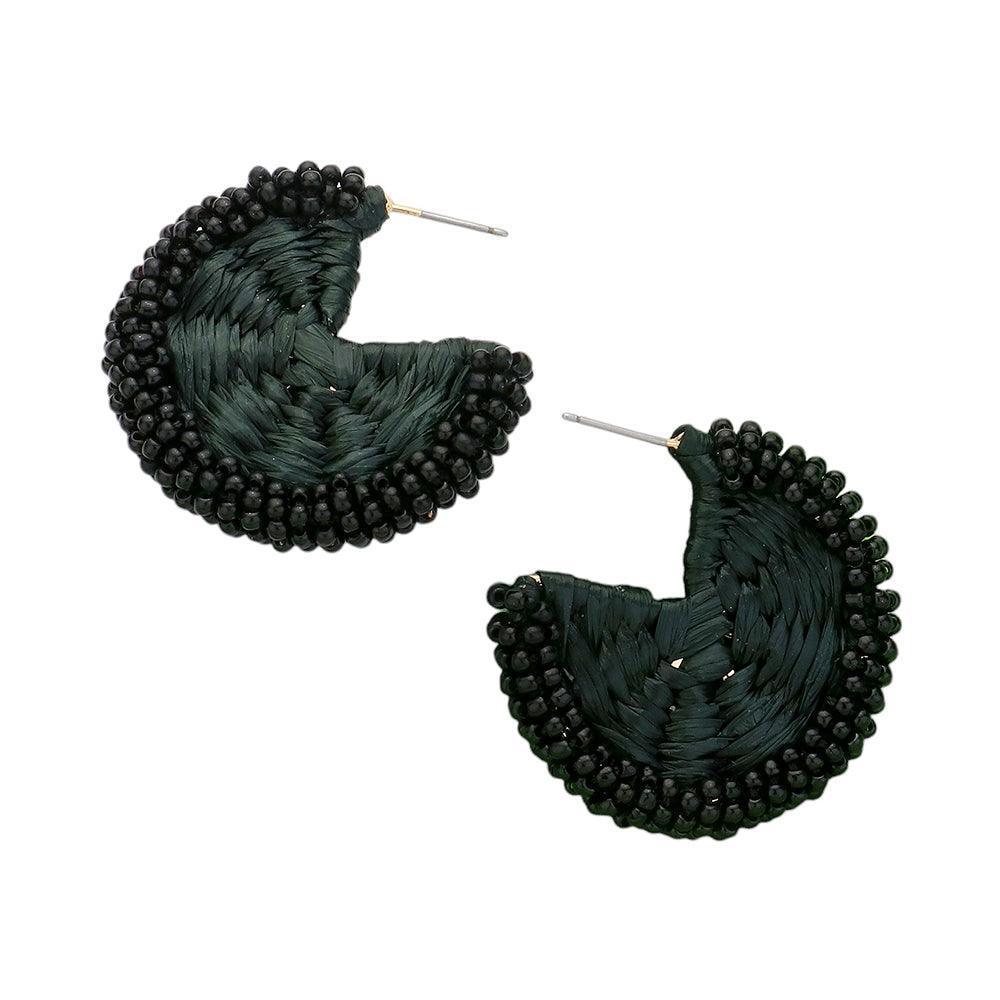 Black Raffia Wrapped Seed Beaded Round Earrings - Jewelry Store by Erik Rayo