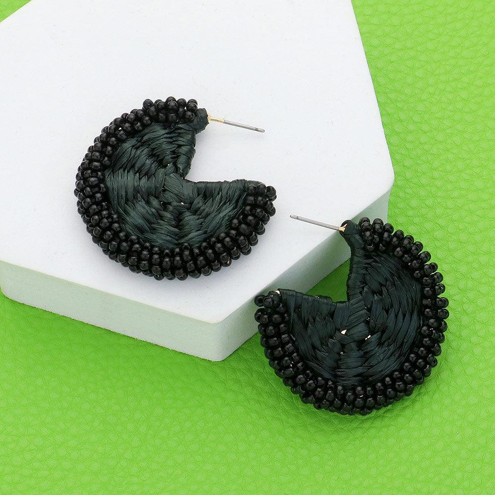 Black Raffia Wrapped Seed Beaded Round Earrings - Jewelry Store by Erik Rayo