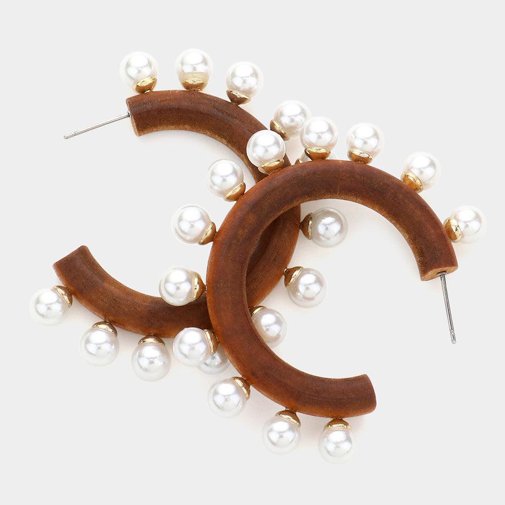 Brown Pearl Trimmed Wood Hoop Earrings - Jewelry Store by Erik Rayo
