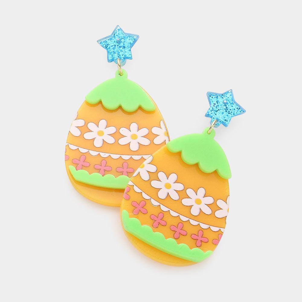 Yellow Glittered Star Resin Easter Egg Link Dangle Earrings