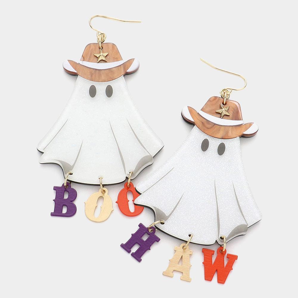 White Boo Haw Message Glittered Resin Ghost Dangle Earrings