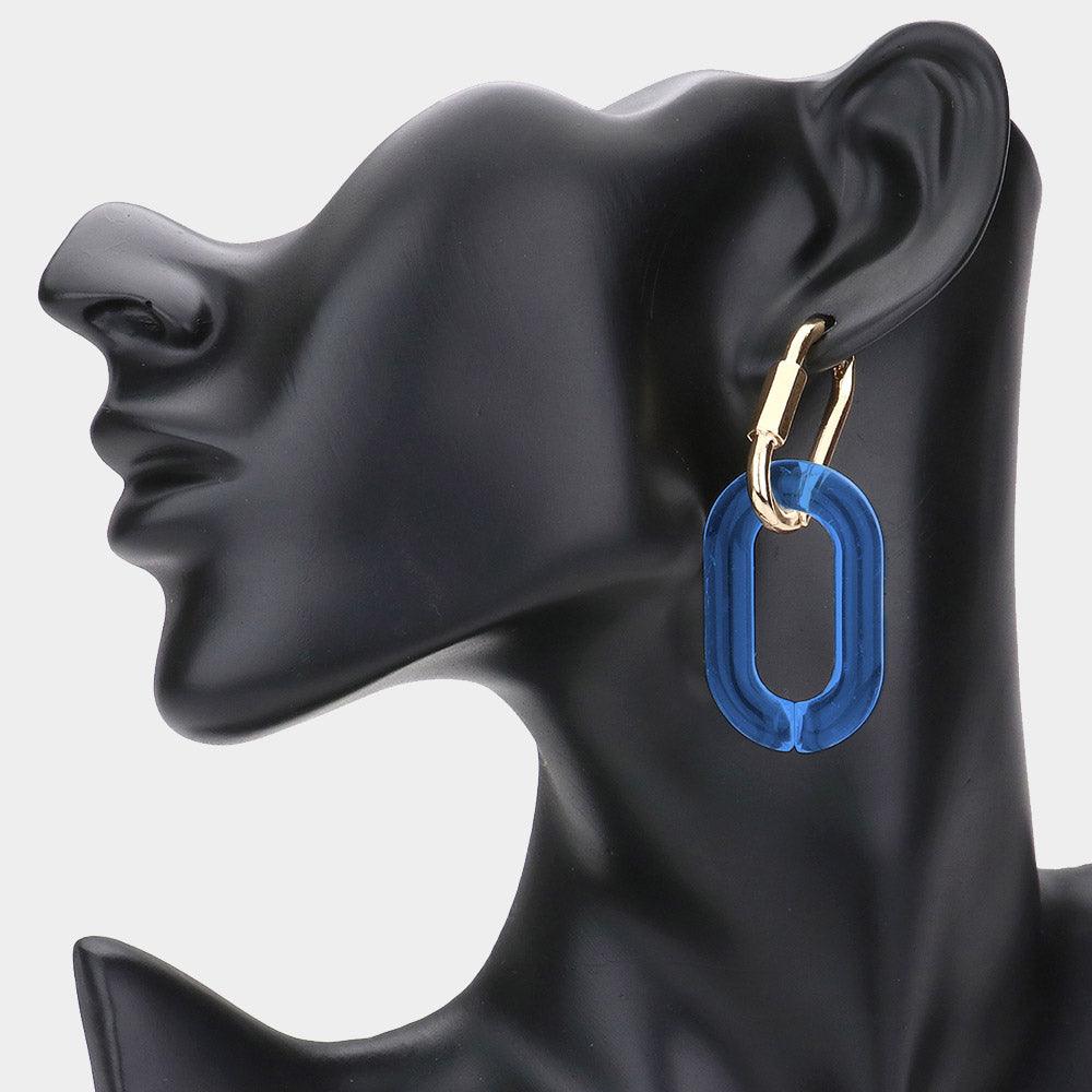 Blue Open Resin Oval Link Dangle Huggie Earrings