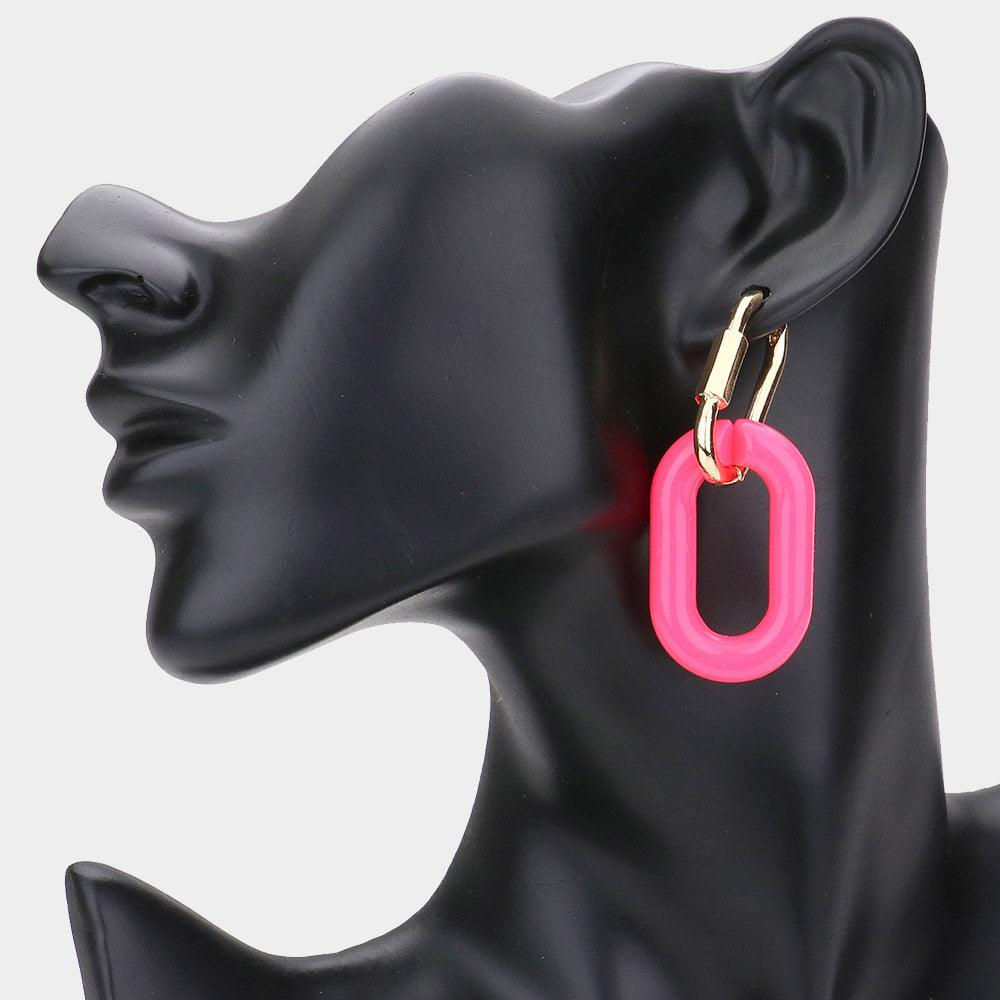 Fuchsia Open Resin Oval Link Dangle Huggie Earrings