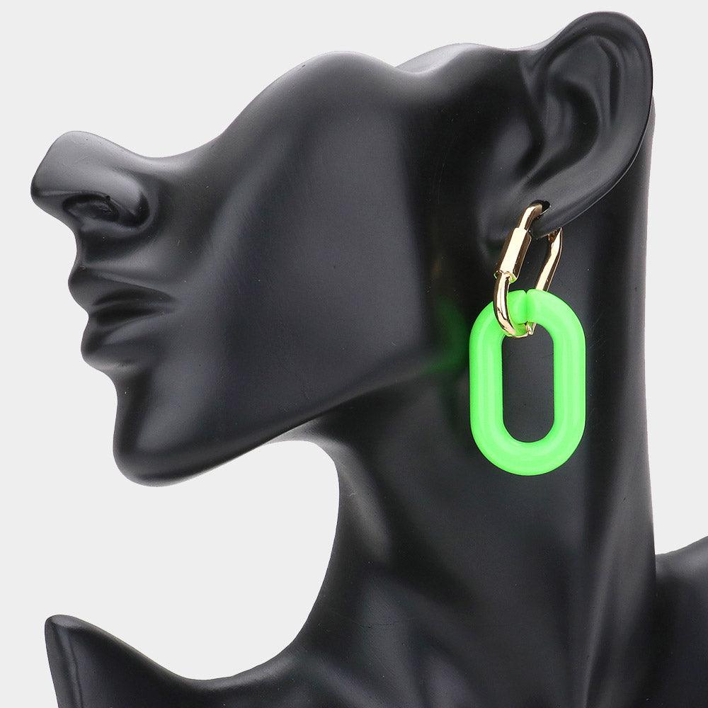 Green Open Resin Oval Link Dangle Huggie Earrings