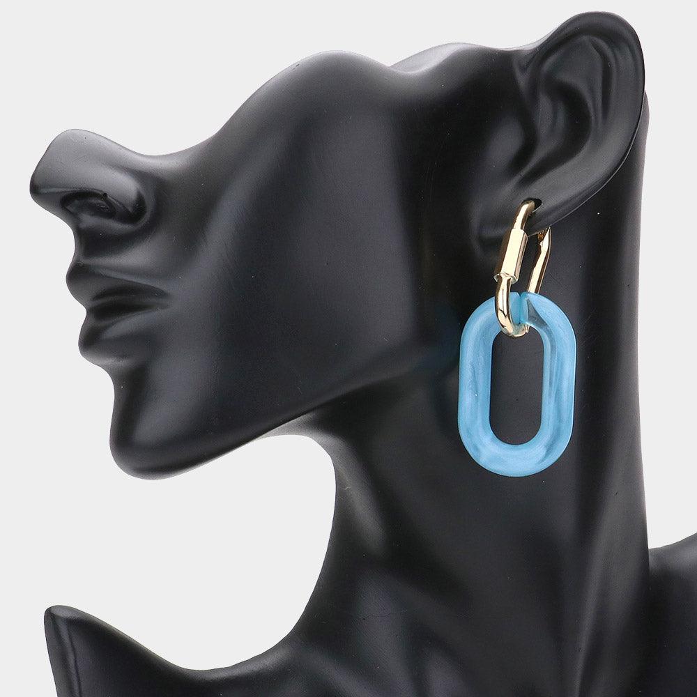 Blue Open Resin Oval Link Dangle Huggie Earrings