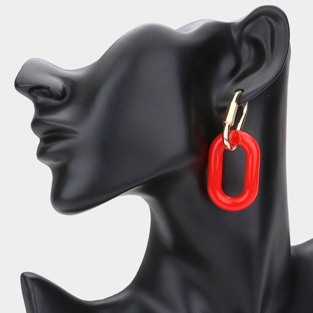 Red Open Resin Oval Link Dangle Huggie Earrings