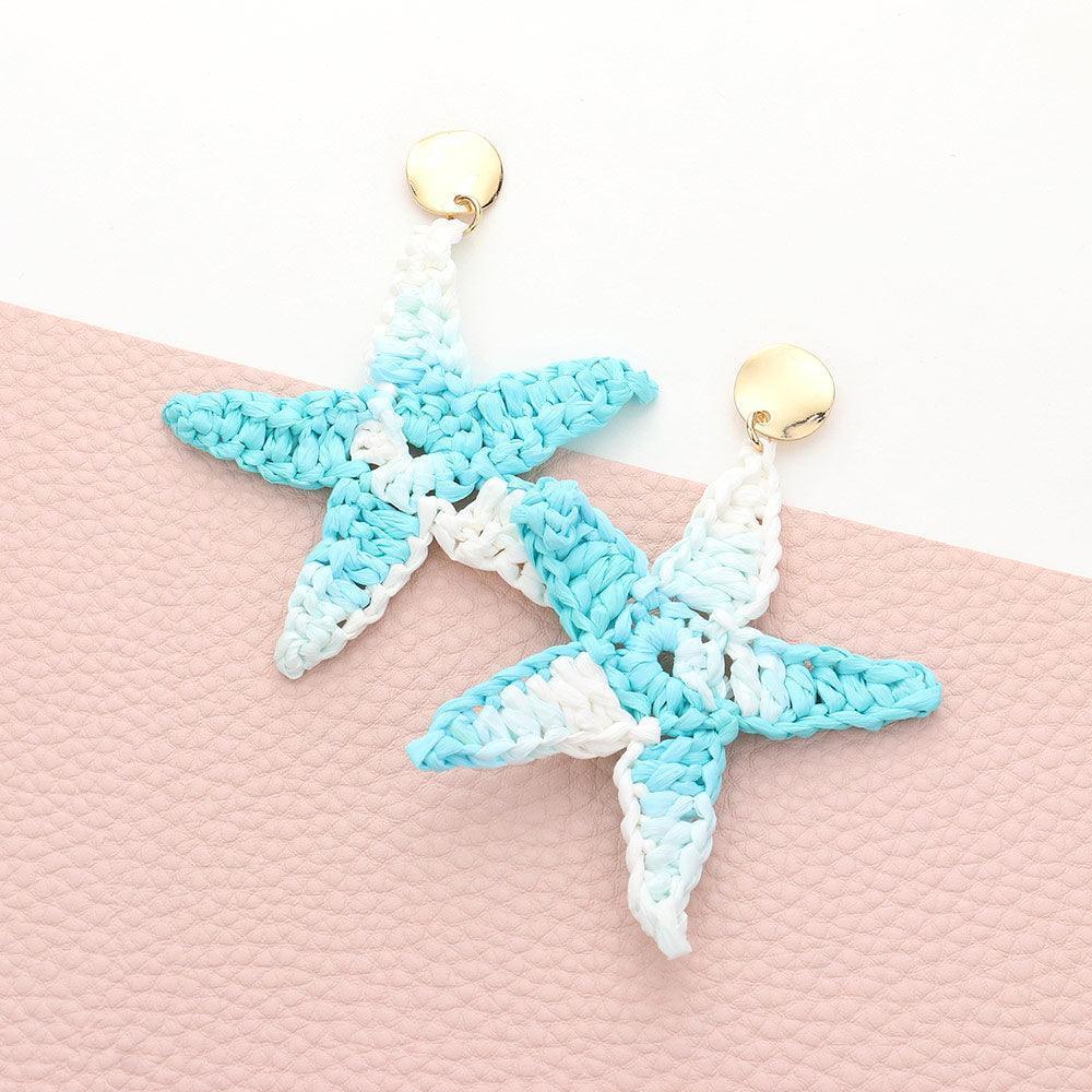 Aqua Woven Raffia Starfish Dangle Earrings - Jewelry Store by Erik Rayo