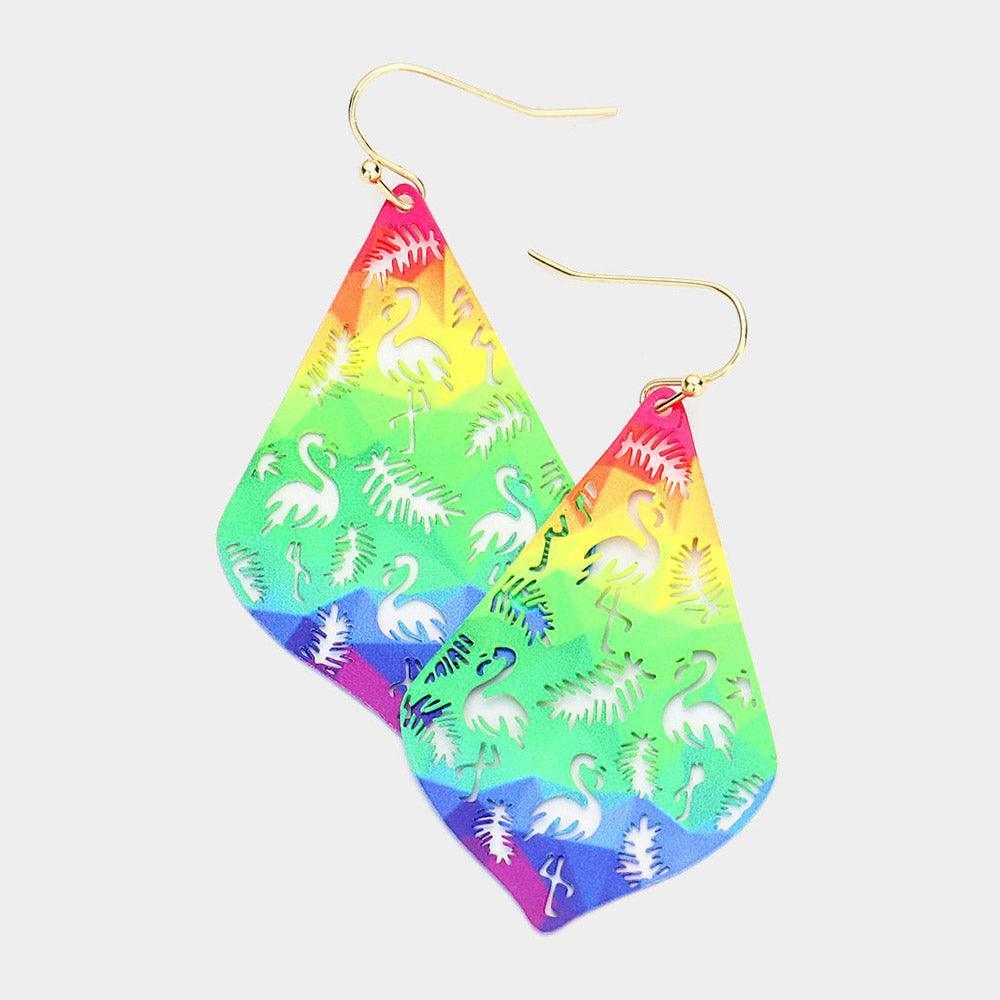 Cut Out Rainbow Flamingo Tropical Leaf Dangle Earrings - Jewelry Store by Erik Rayo