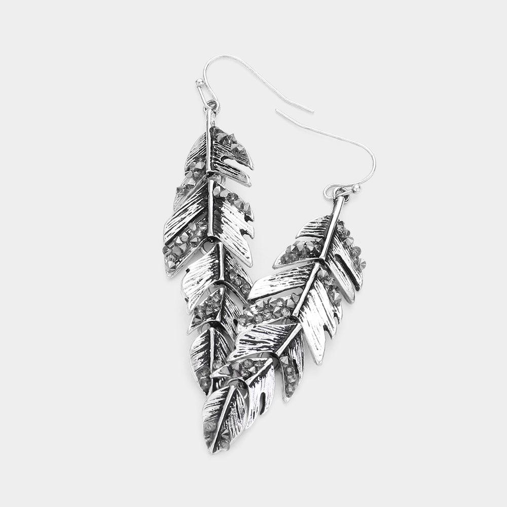 Silver Stone Cluster Leaf Dangle Earrings