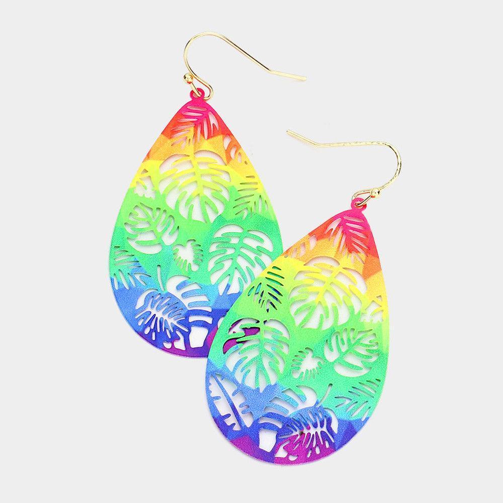 Cut Out Rainbow Teardrop Leaf Dangle Earrings - Jewelry Store by Erik Rayo
