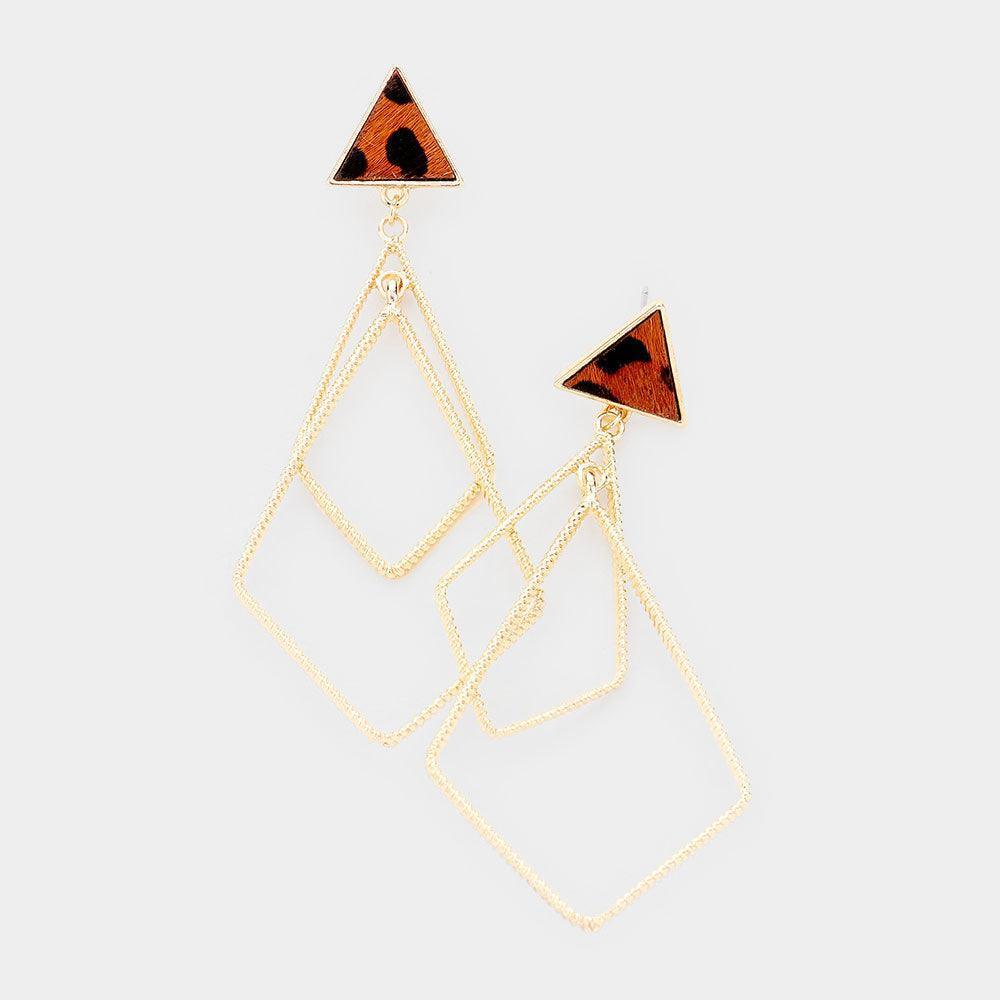 Brown Leopard Pattern Genuine Leather Accented Geometric Metal Earrings - Jewelry Store by Erik Rayo