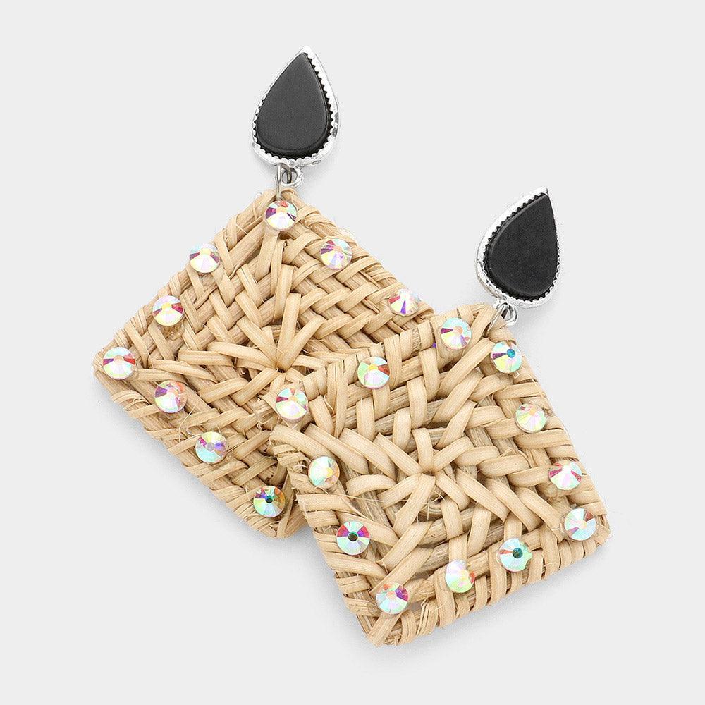 Black Teardrop Natural Stone Studded Woven Wood Square Link Dangle Earrings - Jewelry Store by Erik Rayo