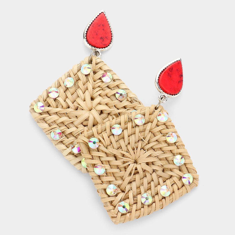 Teardrop Natural Stone Studded Woven Wood Square Link Dangle Earrings - Jewelry Store by Erik Rayo