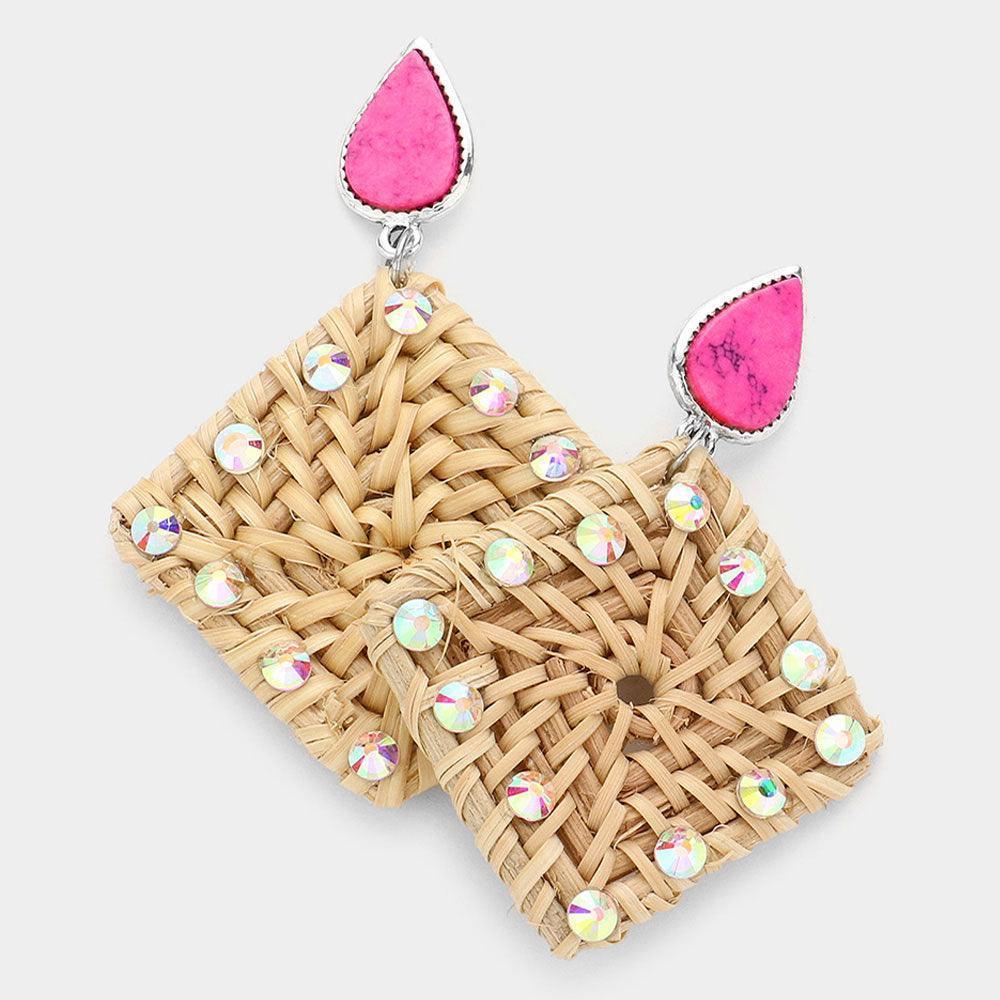 Pink Teardrop Natural Stone Studded Woven Wood Square Link Dangle Earrings - Jewelry Store by Erik Rayo