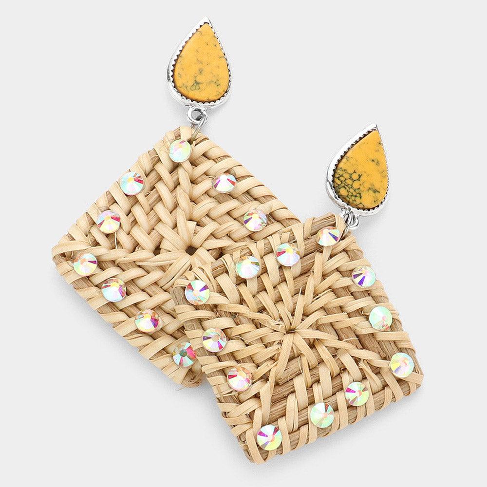 Yellow Teardrop Natural Stone Studded Woven Wood Square Link Dangle Earrings