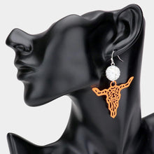 Load image into Gallery viewer, White Shamballa Ball Filigree Steer Head Link Dangle Earrings
