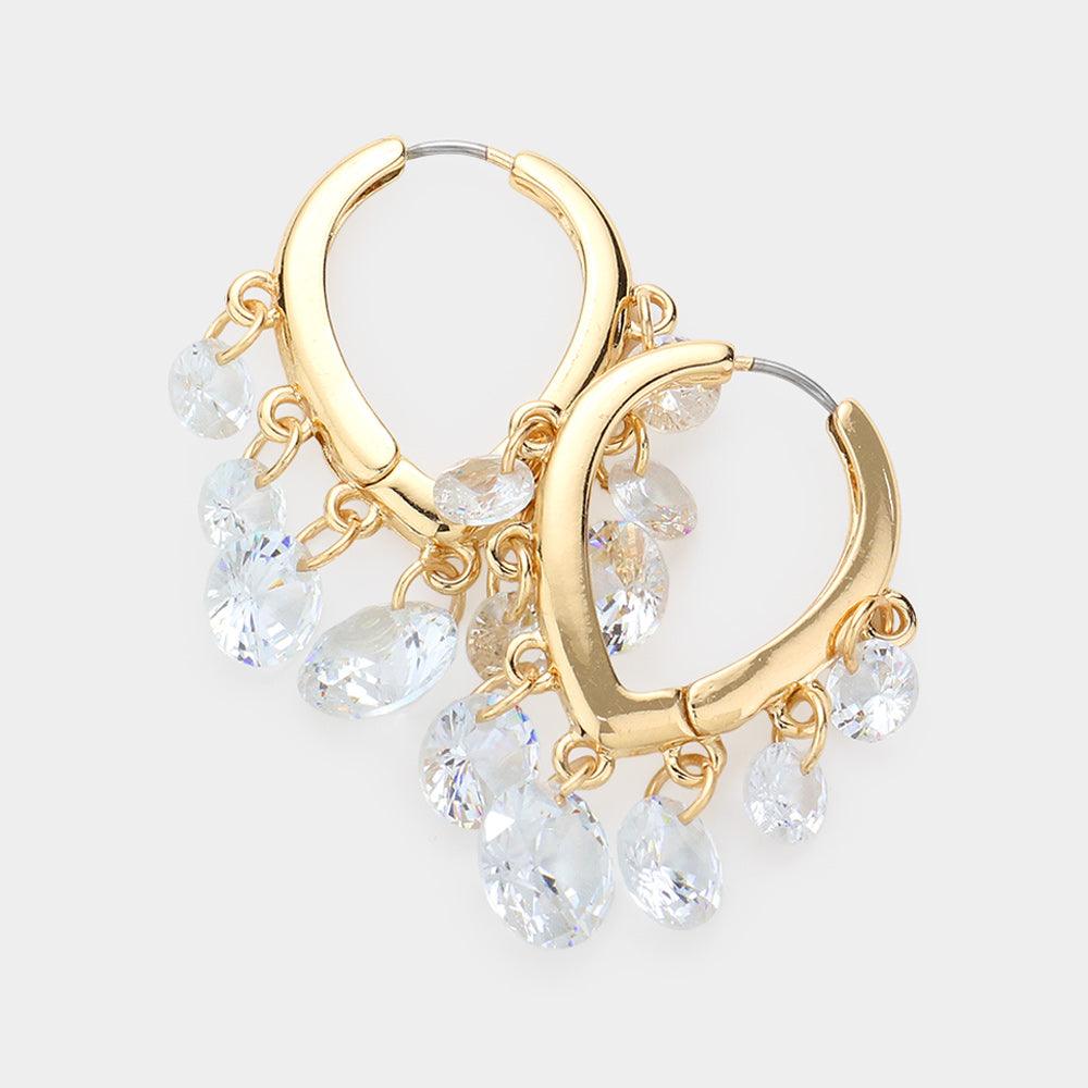 Gold Round Clear Stone Link Huggie Earrings