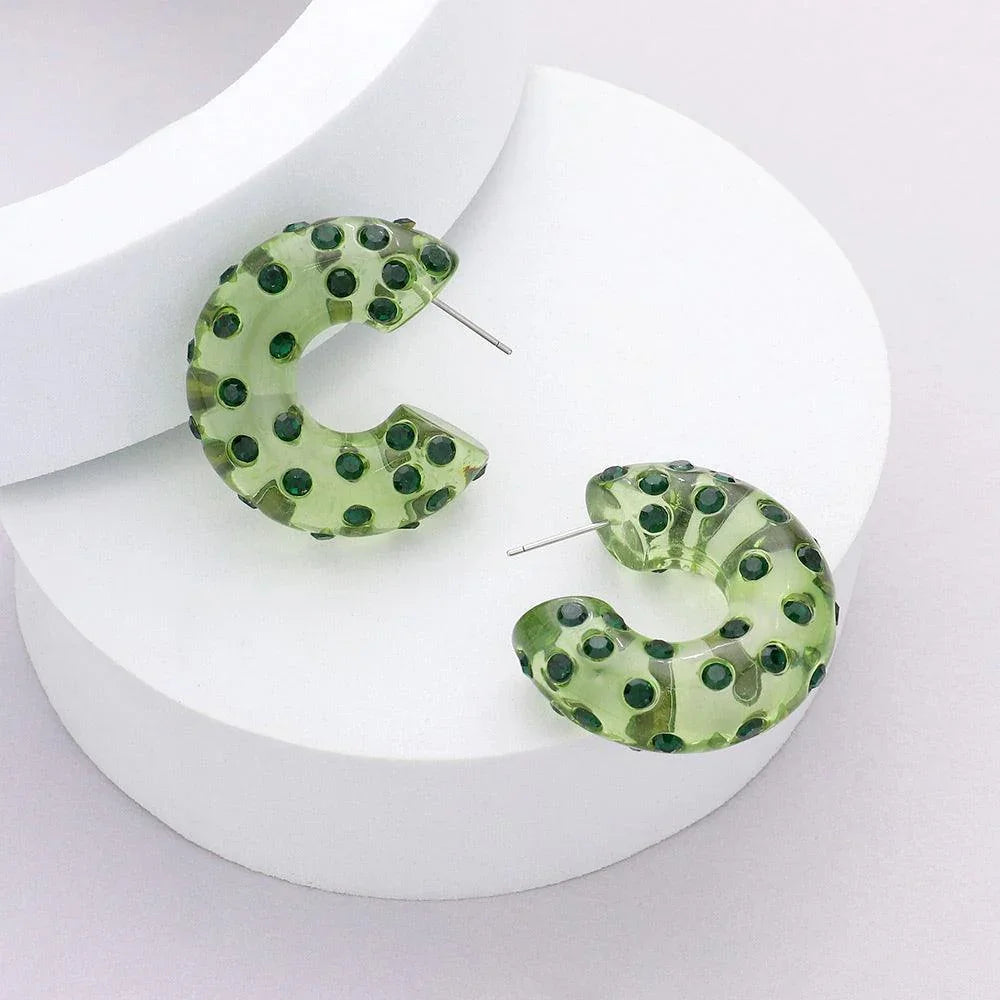 Green Stone Embellished Resin Lucite Hoop Earrings - Jewelry Store by Erik Rayo