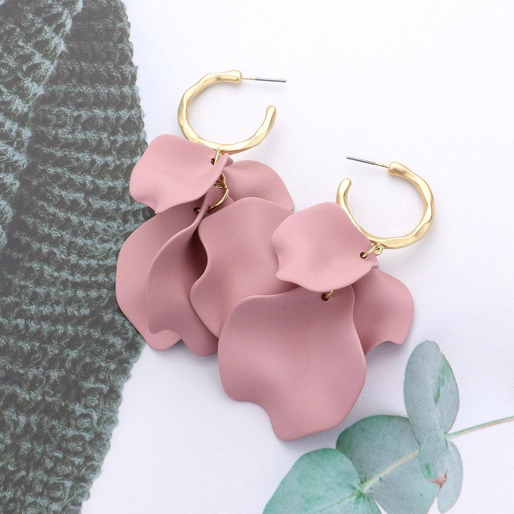 Pink Metal Hoop Petal Link Dangle Earrings