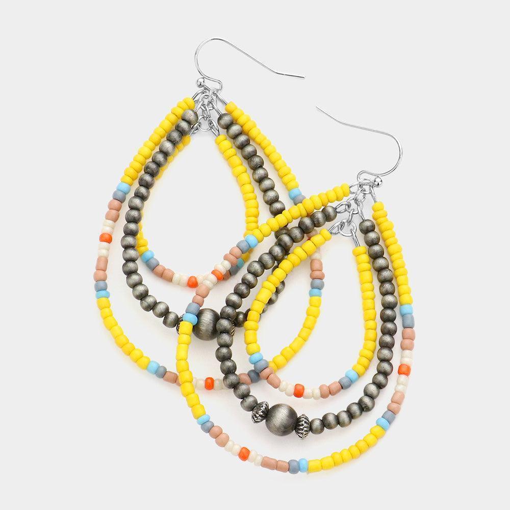 Yellow Seed Beaded Triple Open Teardrop Dangle Earrings - Jewelry Store by Erik Rayo