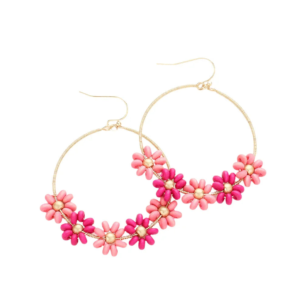 Fuchsia Wood Beaded Flower Accented Open Metal Dangle Earrings - Jewelry Store by Erik Rayo
