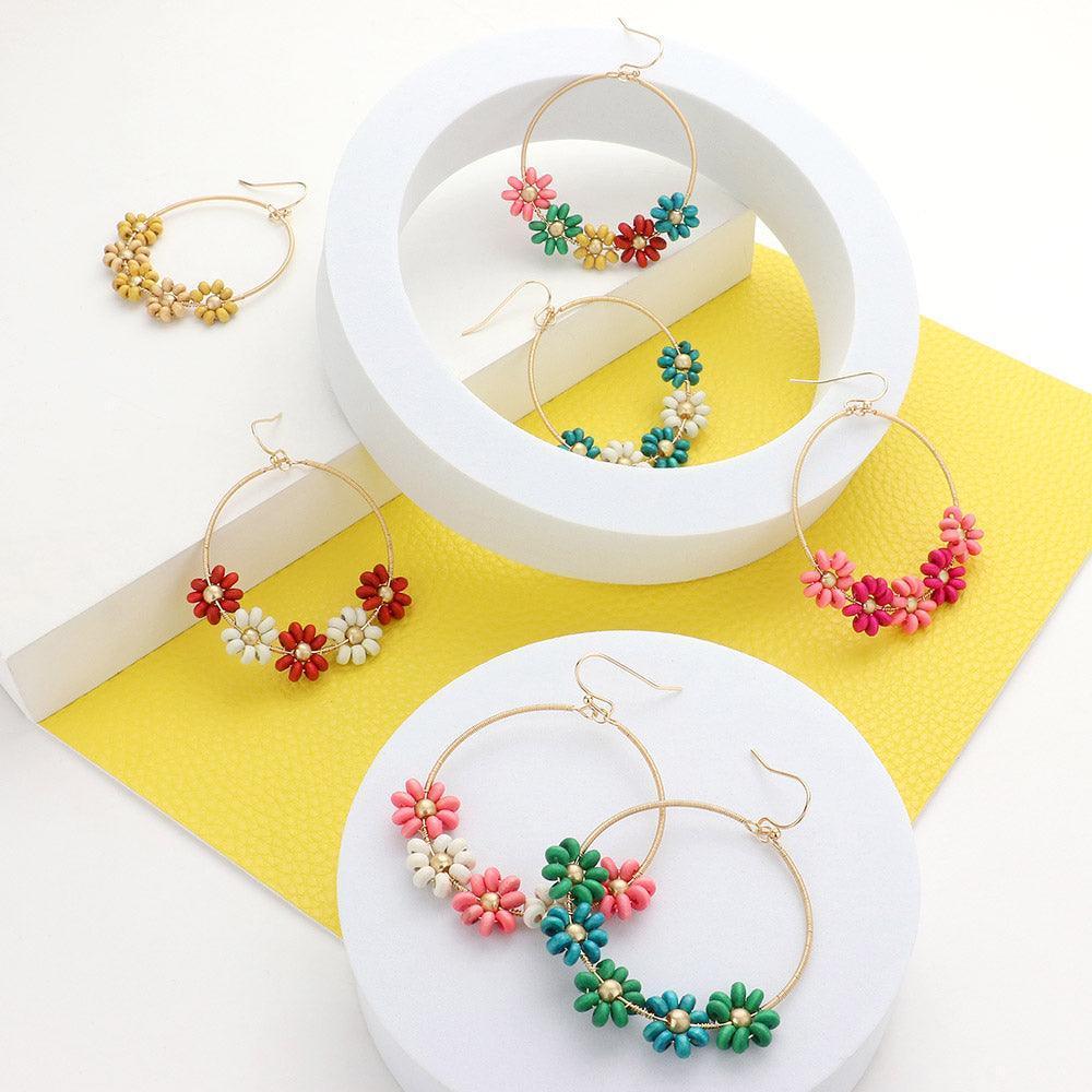 Fuchsia Wood Beaded Flower Accented Open Metal Dangle Earrings - Jewelry Store by Erik Rayo